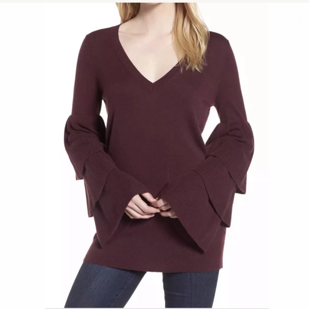 Chelsea28 Burgundy Ruffle Bell Sleeve Sweater NWT